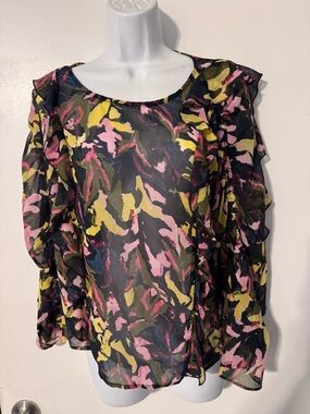 Guess Black Multi Floral Ruffle Sleeve Blouse